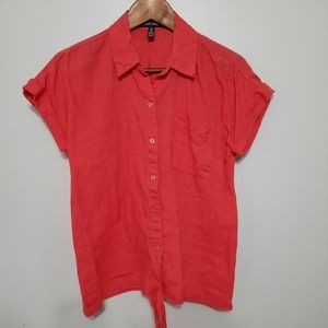 100 % Linen Ellen Tracy Dark Coral Button Down Blouse